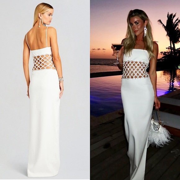 NWT RETROFETE Crystal & Pearl Embellished Lattice Waist Cutout Sleeveless Gown S - Picture 2 of 11